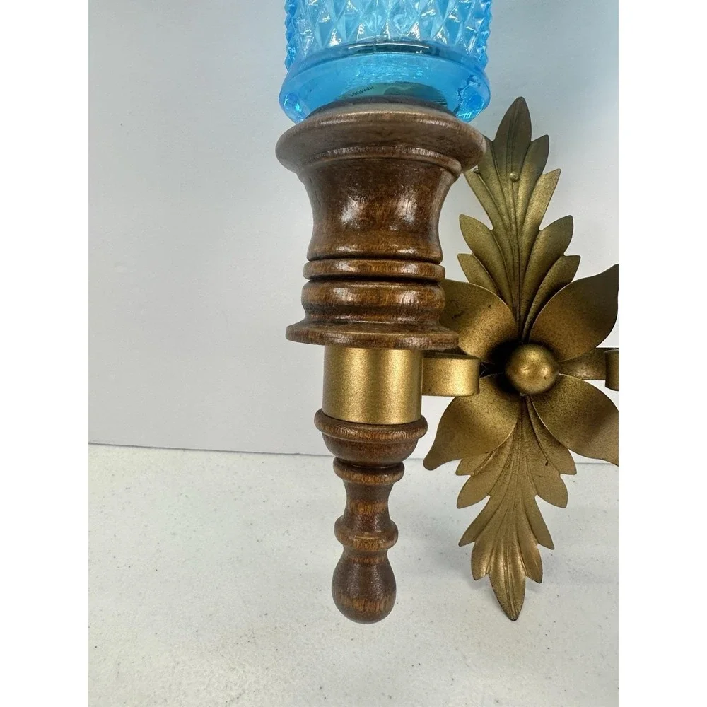 Vintage HTF BLUE Glass Double Wall Candle Sconce Wood Gold Metal 1960s